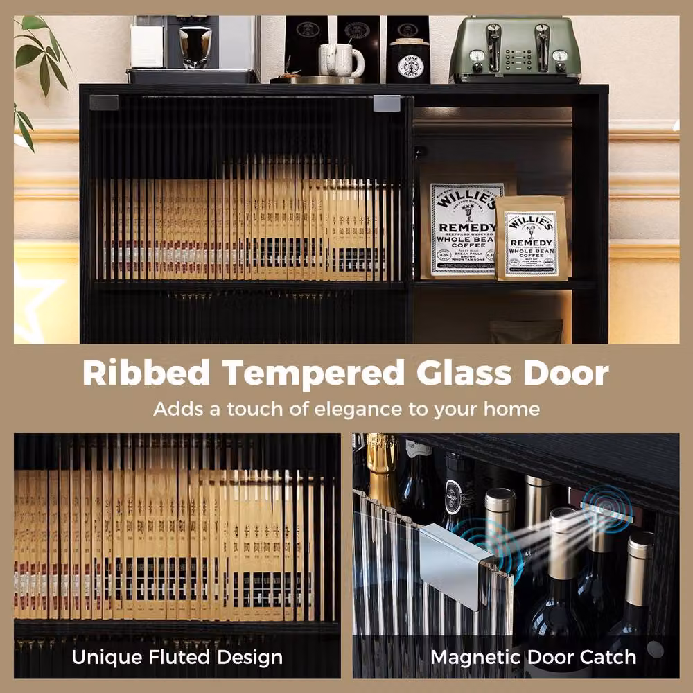 Costway Modern Wine Bar Cabinet with Integrated LED Lights and Glass Doors in Black – 7