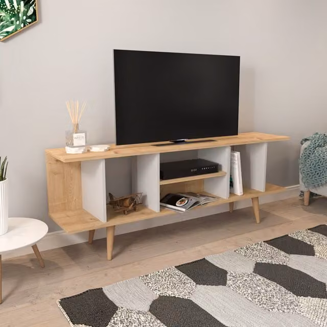 Decorotika Scandinavian Oak and White Matt Wood TV Unit, Width: 160 cm