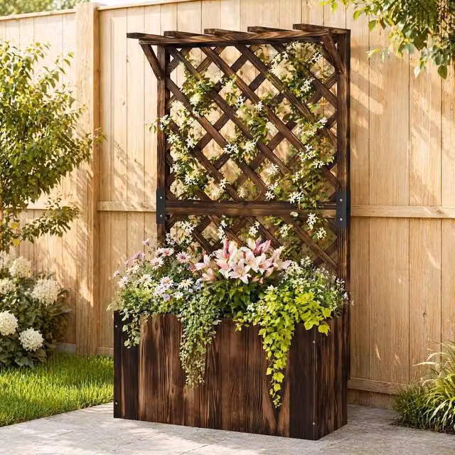 STILVORA Wooden Raised Garden Bed with Trellis and Hanging Roof in Brown, W/D/H: 122 x 64 x 33 cm