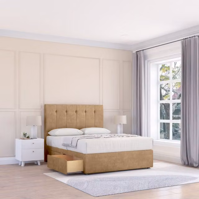 Sloomy Highbury Divan Bed Base with 4 Drawers and 54 inch Floor Standing Headboard in Brown Microfibre Fabric, Size: 120 x 200 cm