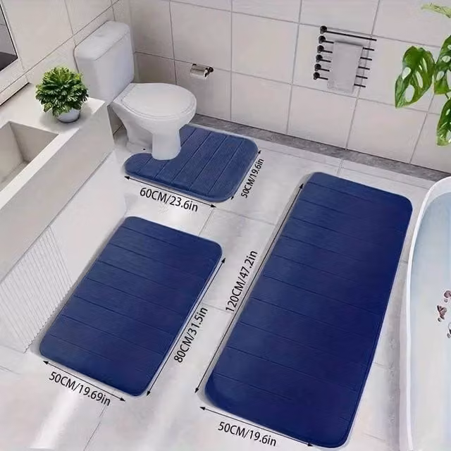 NESTLUNE 3-Piece Extra Soft Non-Slip Memory Foam Bath Mat Set in Blue – 1