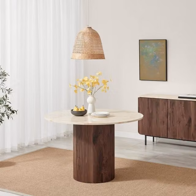 FurnitureboxUK Penrose Round Walnut and Marble Effect Slatted 4-6 Seater Dining Table, Diameter: 120 cm, Brown