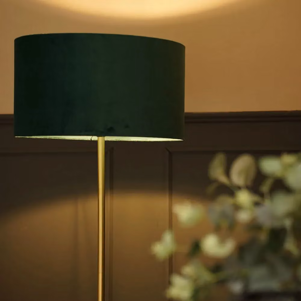ValueLights Tavel Brushed Gold Floor Lamp with Bottle Green Velvet Shade – 3