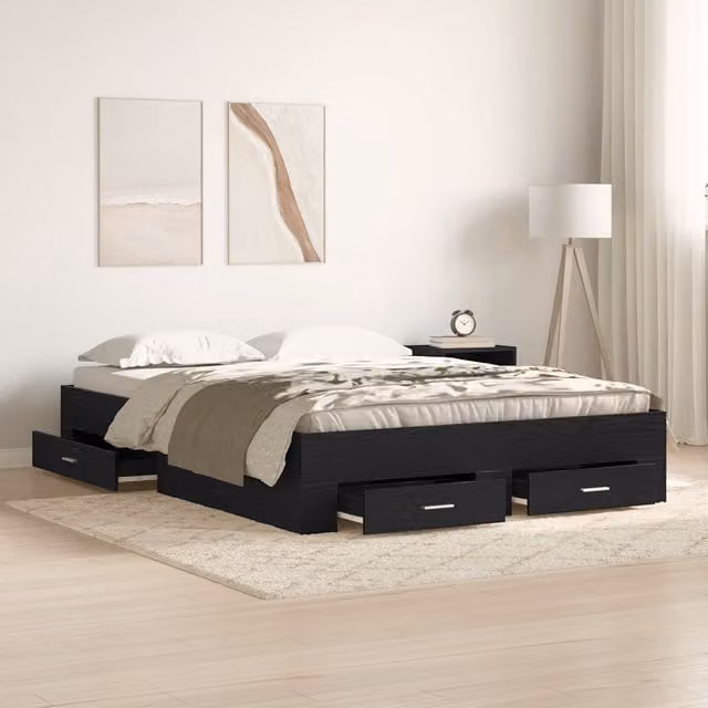 Berkfield Home Bed Frame with Drawers in Black Oak, W: 135 cm, L: 190 cm – 1