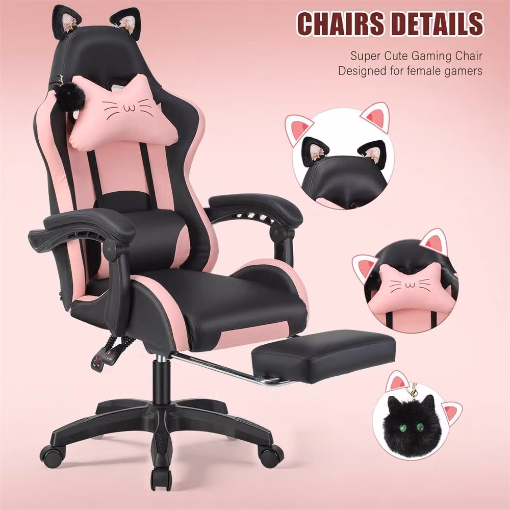 NESTLUNE Pink and Black Gaming Chair with Cat Ears, Height Adjustable Synthetic Leather Chair with Headrest and Armrests, W/D/H: 100 x 100 x 100 cm – 2