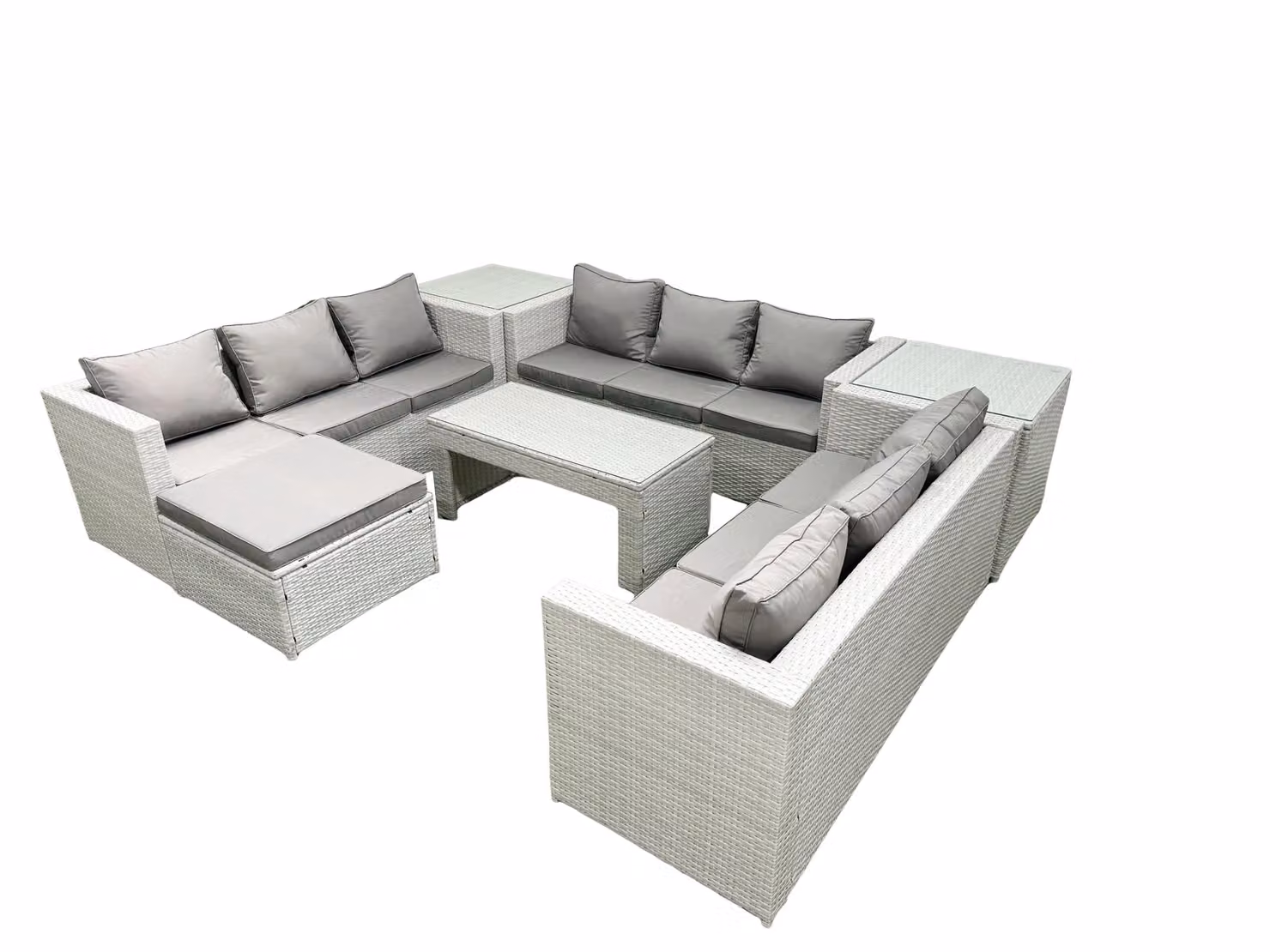 Fimous 10 Seater Rattan Garden Furniture Set in Light Grey with U-Shape Sofa, Oblong Coffee Table, Large Ottoman and 2 Side Tables – 2