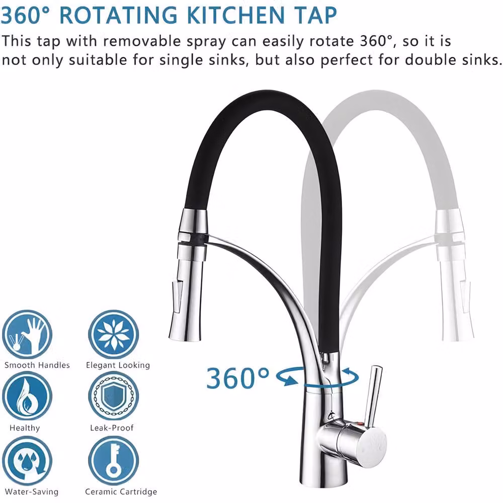 Heable Chrome Single Lever Kitchen Mixer Tap with Dual-Function Pull-Out Sprayer in Silver – 2