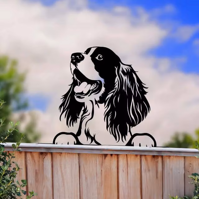 Betley Butterfly Peeking Dog Silhouette Fence Topper, Black Spaniel