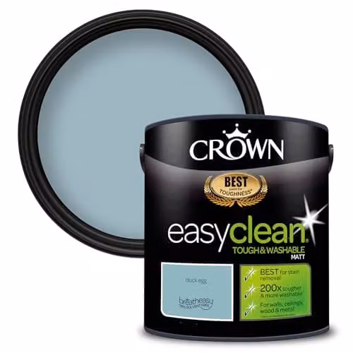 Crown EASYCLEAN Duck Egg Matt Emulsion Wall Paint, Solvent-Free Water-Based Dispersion, 2.5L