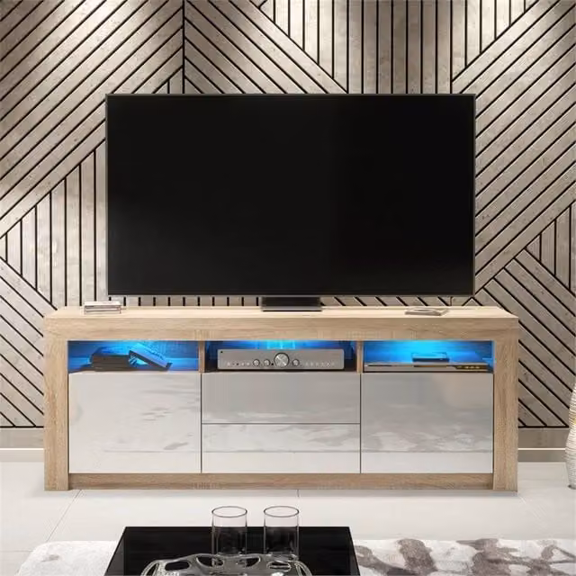 FORGEVIO Modern Oak Matt and White Gloss TV Stand Cabinet