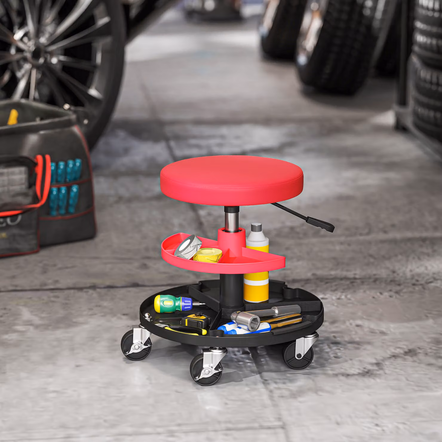 HOMCOM Rolling Mechanic Stool in Red with 360 Degree Swivel, Castors and Tool Tray Storage – 2