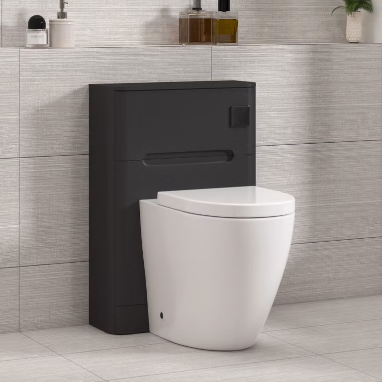 Royal Bathrooms Venice Matt Nocturne Black Wall Mounted WC Unit with Elva Rimless Short Projection Ceramic Toilet Pan, Seat and Cistern, Width: 55 cm