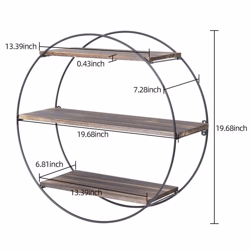 FORGEVIO Industrial Wall Mounted Circular Floating Shelves in Black with Pine Wood and Integrated Lighting – 2