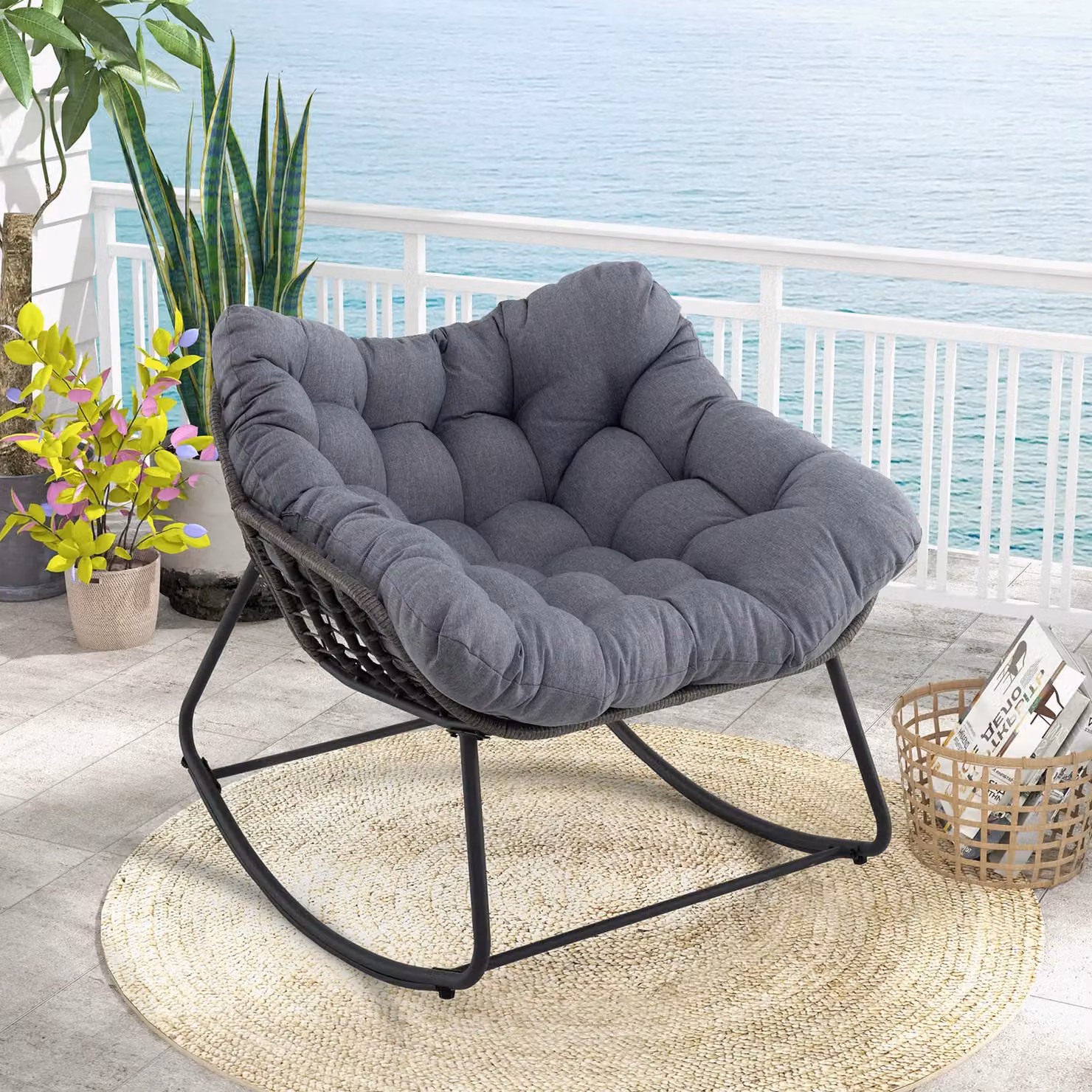 Costway Oversized PE Wicker Outdoor Rocking Egg Chair in Grey – 2