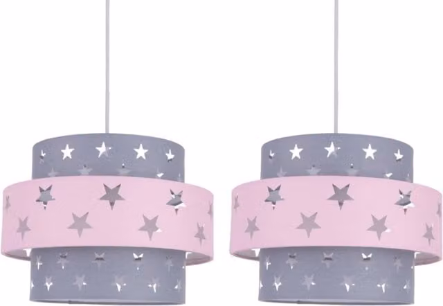 First Choice Lighting Pair of Pink and Grey Star Two Tier Fabric Light Shades – 1