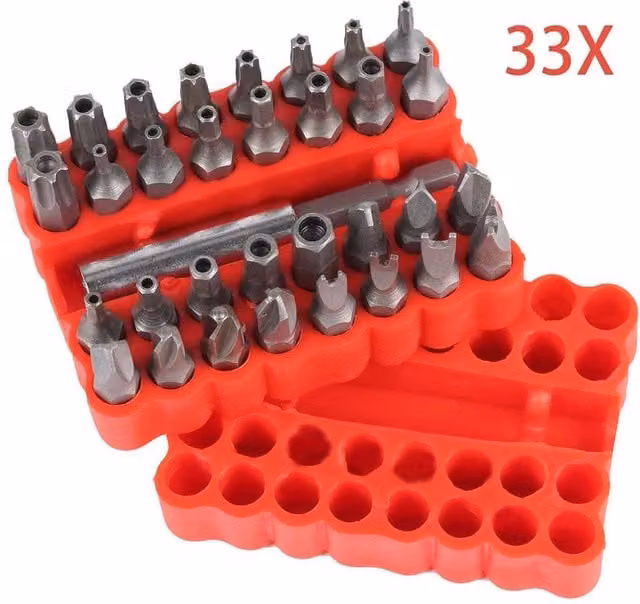 Vogrex 33-Piece Chrome Vanadium Screwdriver Bit Set with Tamperproof Hex Key Spanner and Torx Tri-Wing in Red