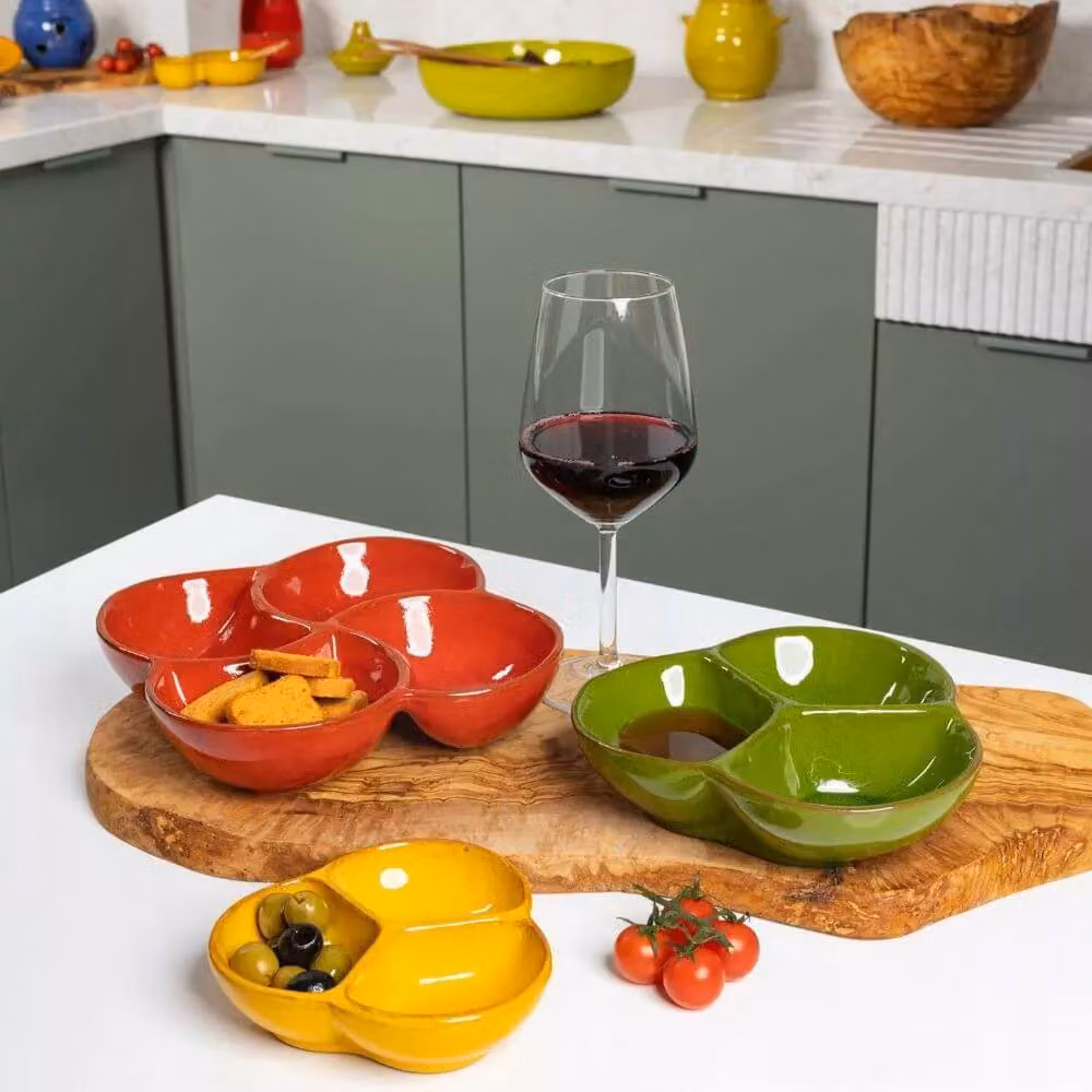 Verano Spanish Ceramics Selena Glazed Hand Dipped 4-Part Snack Dish in Dark Green, Diameter: 25 cm – 2