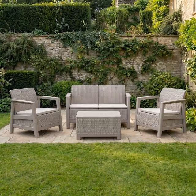 Keter Scandi Outdoor Furniture Set with Storage Table and Beige Cushions in Natural
