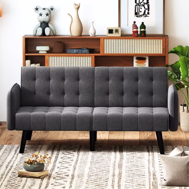 COSTWAY Grey Convertible Futon Sofa Bed with Solid Wood Frame and Adjustable Headrest, Width: 164 cm