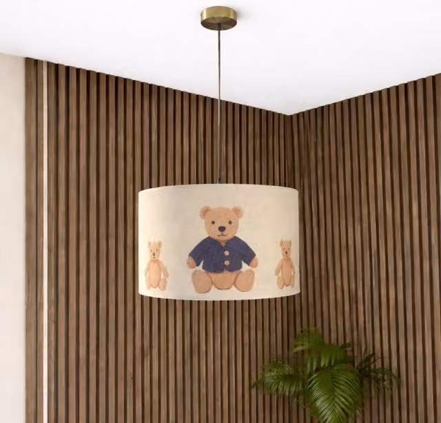 CGC Blake Teddy Bear Childrens Lamp Shade in Blue and Oatmeal Linen, Diameter: 30 cm