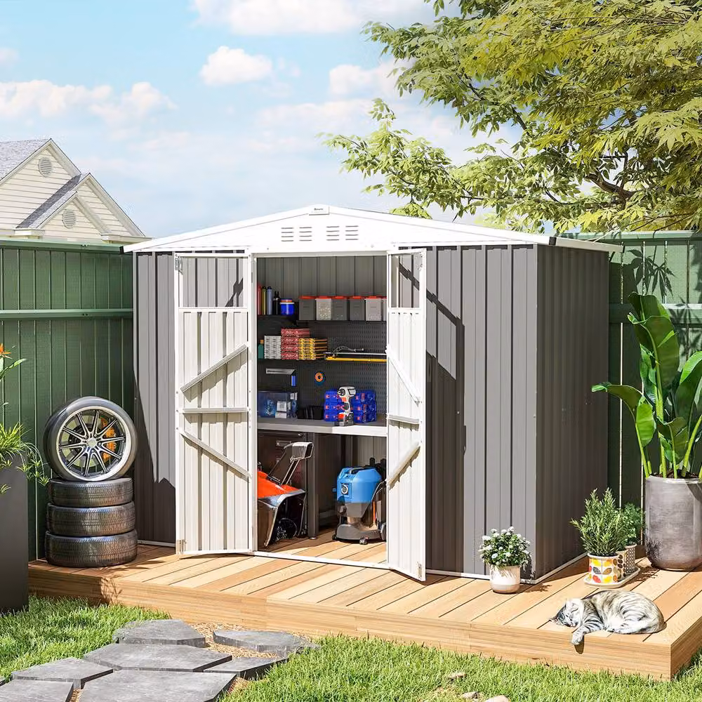 Rolipo Galvanised Metal Garden Shed with Window and Double Doors, Light Grey, W: 243.8 cm, D: 121.9 cm, H: 180 cm – 3