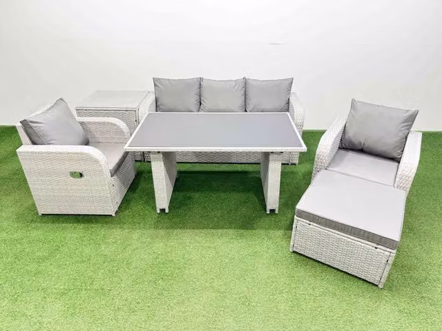 Fimous 6-Seater Outdoor Rattan Garden Furniture Dining Set with Side Table in Light Grey