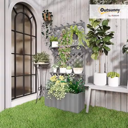 Outsunny Grey Wooden Raised Planter with Trellis and 2 Shelves – 2
