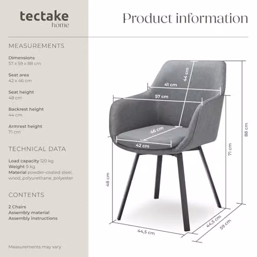 tectake Set of 2 Alicon 360 Swivel Dining Chairs in Anthracite Grey with Fabric Upholstery and Metal Legs – 3