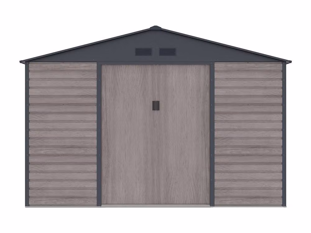 Vente-unique ADELMO Galvanised Steel Garden Shed in Grey Wood Effect with Double Doors and Window, 13.12 m2 – 2