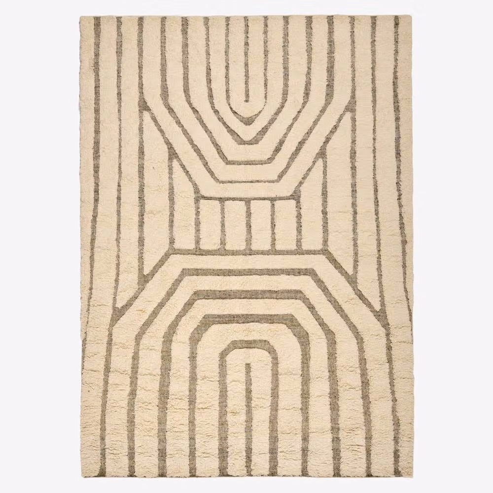Oberoi Abstract Shaggy Wool and Cotton Rug in Taupe, White and Beige, W: 300 cm, D: 200 cm