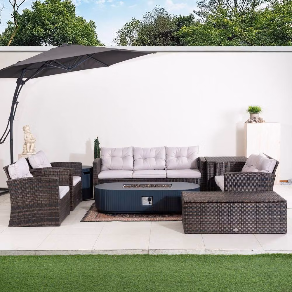 Direct Wicker 7-Seater L-Shape Corner Sofa Set with Gas Fire Pit Table and Storage Box in Brown – 4