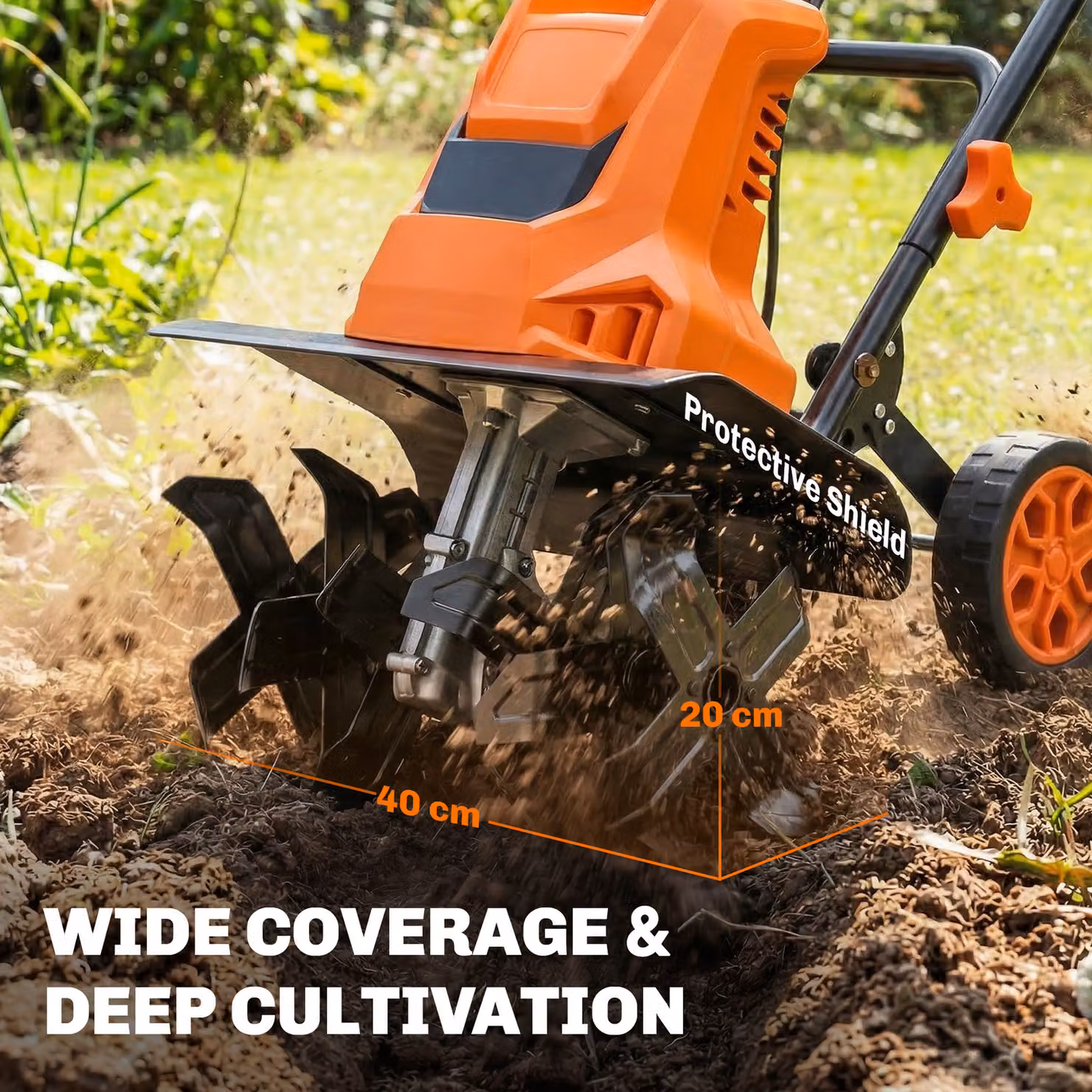 Outsunny 1500W Electric Garden Tiller in Orange with Foldable Handle, 40cm Working Width, 20cm Tilling Depth and 6 Steel Blades – 6