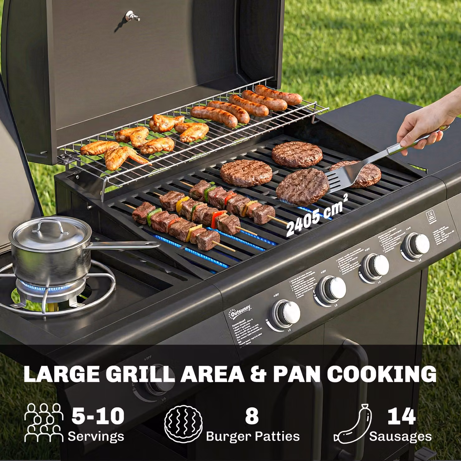 Outsunny 4+1 Burner Gas BBQ Grill with Storage Cabinet and Side Table, 15.2 kW Black Barbecue Trolley with Warming Rack, Side Burner and Wheels, W/D/H: 129.5 x 66.2 x 110 cm – 4