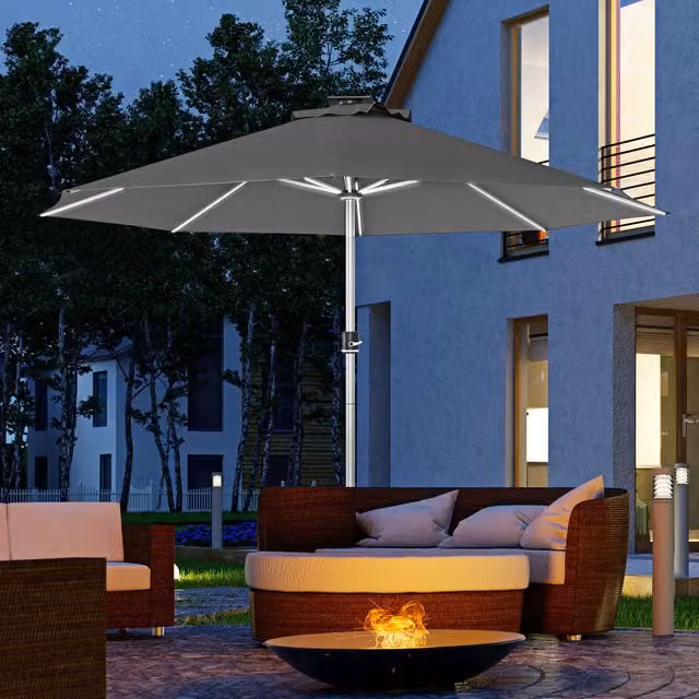 Outsunny Patio Parasol Umbrella with Solar Lights in Dark Grey