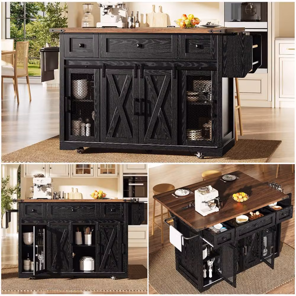 Merax Mobile Kitchen Island Trolley with Drop Leaf Worktop and Storage, Black, H 91.5 x W 120.2 x D 45.0 cm – 2
