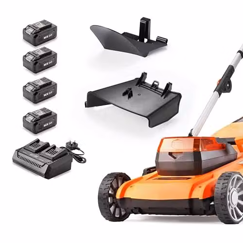 LawnMaster MX 24V Orange Cordless Lawnmower with 46cm Cutting Width, Rechargeable Battery, Collection Bag and Mulching Kit – 7