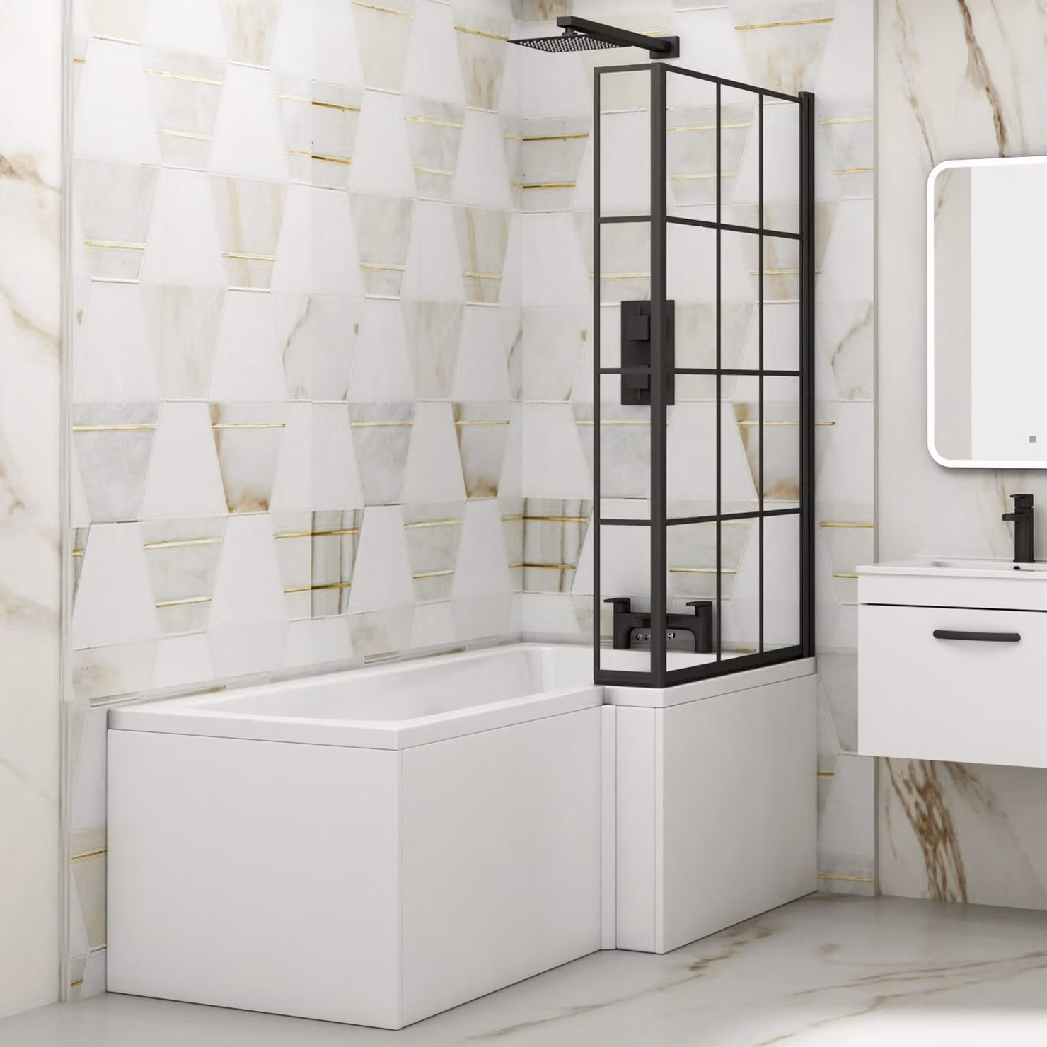 Qubix Asymmetric Right Hand L Shaped Bathtub with Black Framed Screen and Gloss White MDF Panel, W: 150 cm x D: 85 cm