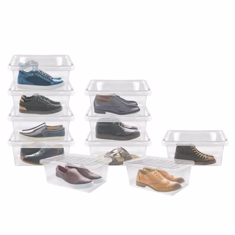 Simpa Set of 10 Stackable Transparent Plastic Shoe Storage Boxes with Lids, 12L, H 15cm x W 24.5cm x L 37cm