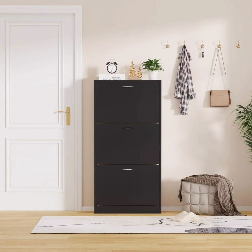 FORGEVIO Modern 3-Drawer Black Wooden Shoe Cabinet with Tilting Compartments – 3