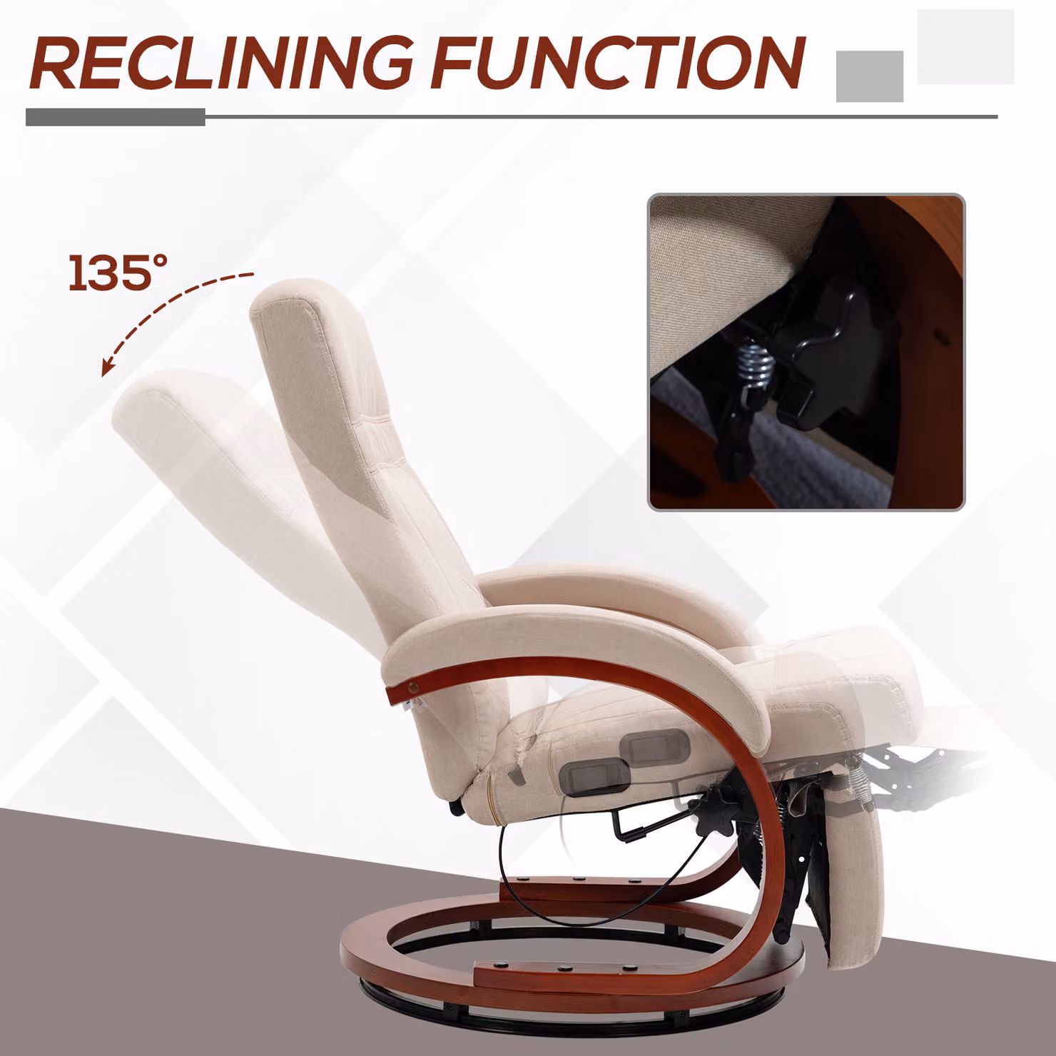 HOMCOM Beige Swivel Recliner Chair with Extended Footrest and Wood Base – 4