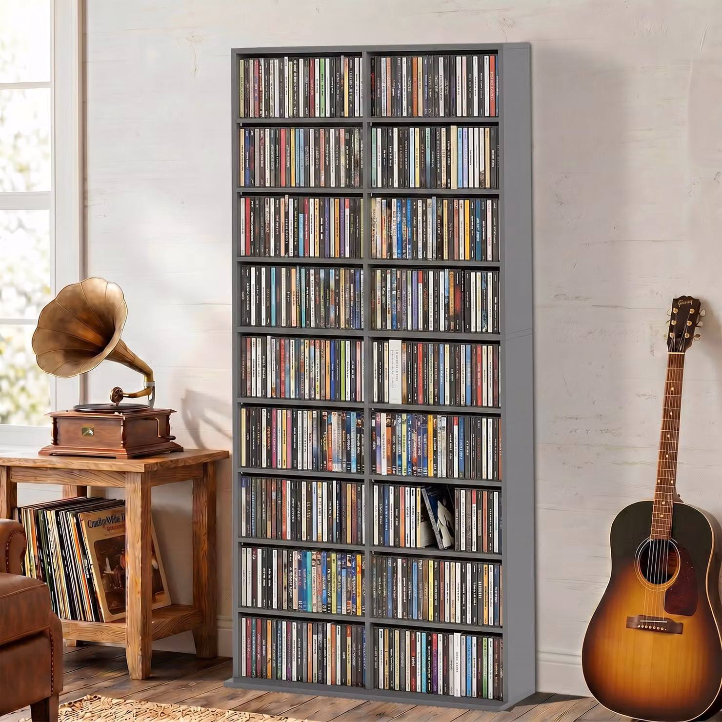 HOMCOM 640 CD Storage Tower in Grey with Adjustable Shelves and Media Compartments – 2