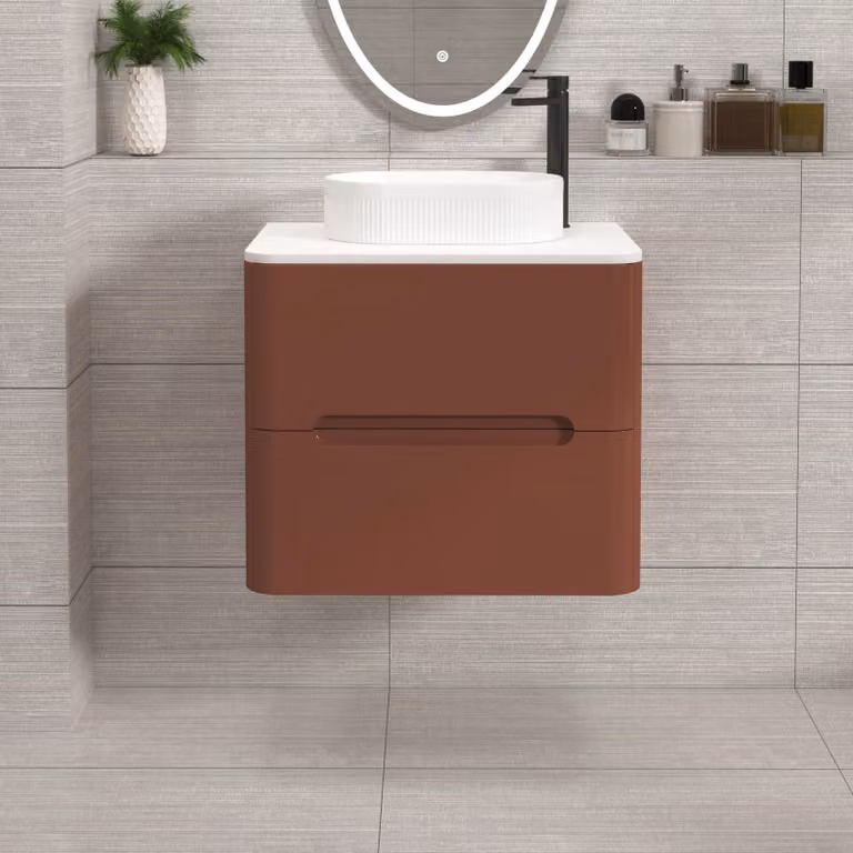 Royal Bathrooms Venice 600mm Wall Hung Vanity Unit in Terracotta Clay with 2 Drawers and White Lyon Basin Worktop