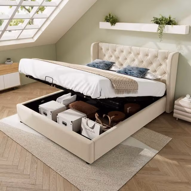 BTM Beige Velvet Upholstered Bed with Hydraulic Storage, W: 135 cm, D: 190 cm, H: 300 cm