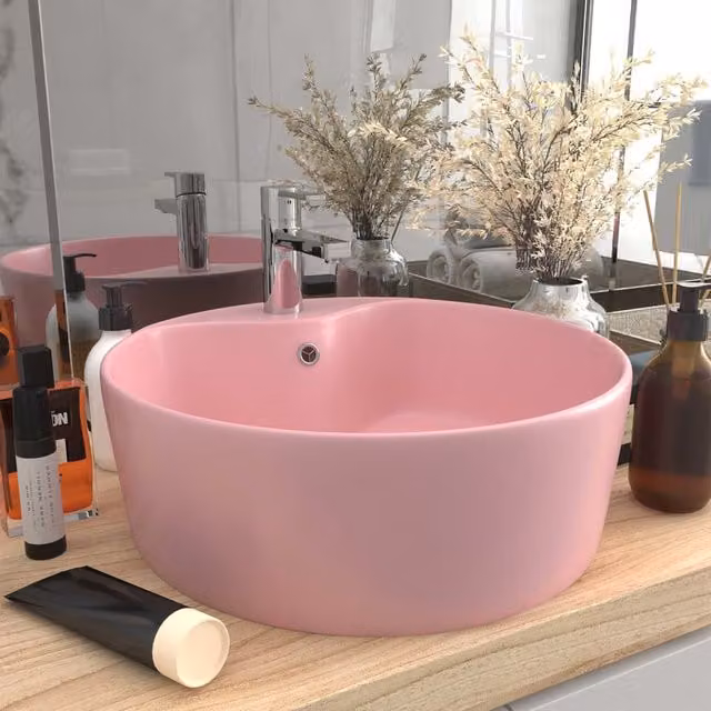 Berkfield Home Luxury Ceramic Round Countertop Wash Basin with Overflow, Matt Pink, W/D: 36 x 13 cm – 1