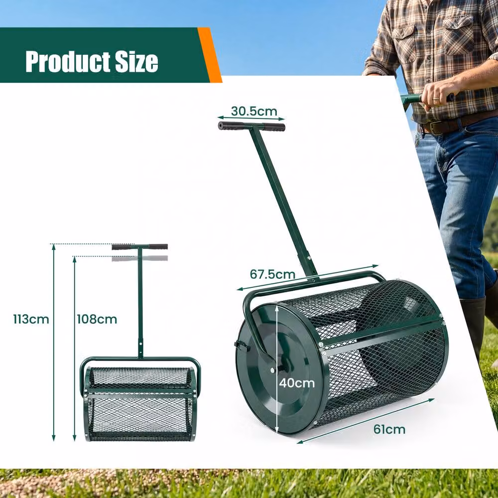 Costway Compost and Peat Moss Spreader Roller with Height-adjustable Handle, Green – 2