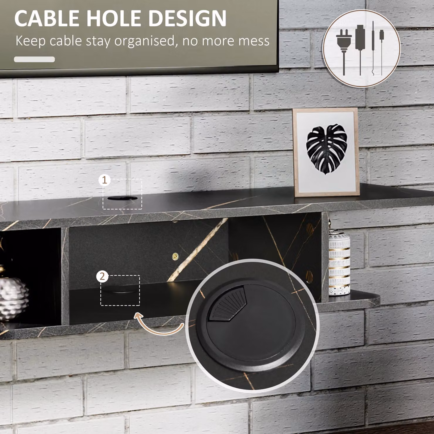 HOMCOM Modern Wall Mounted Black Media Console with Storage Shelves – 3