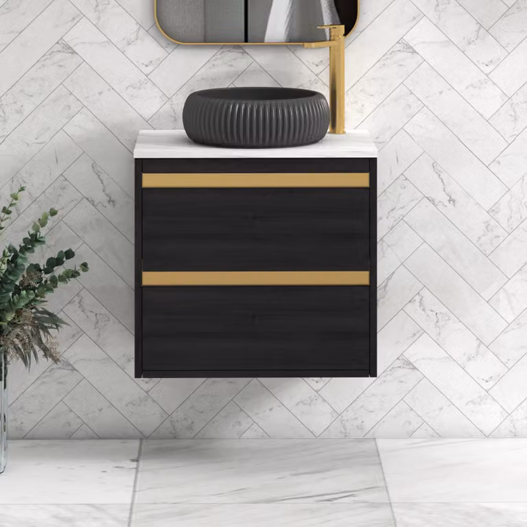 Royal Bathrooms Orion 800mm Hale Wall Hung Vanity Unit with Milan Black Basin and Brushed Brass Trim in Black and Carrara White