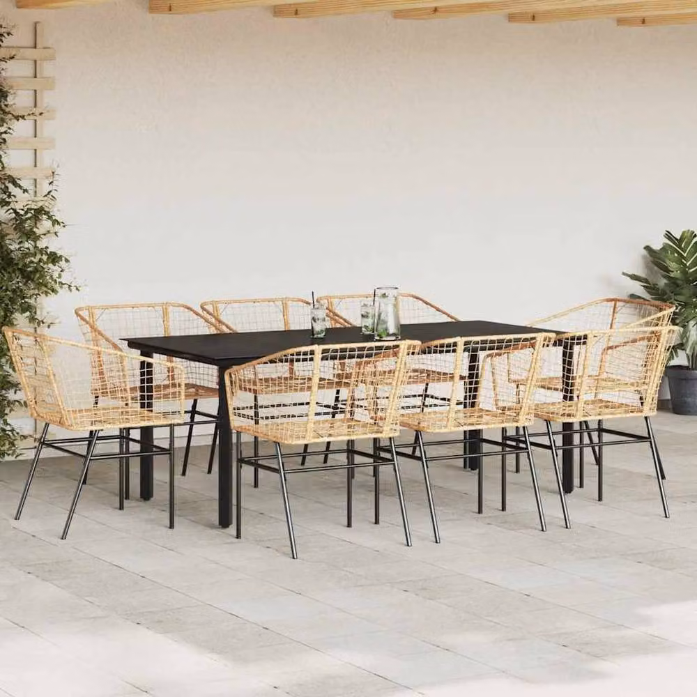 Berkfield Home 9 Piece Modern Brown Poly Rattan Garden Dining Set with Glass Top – 2