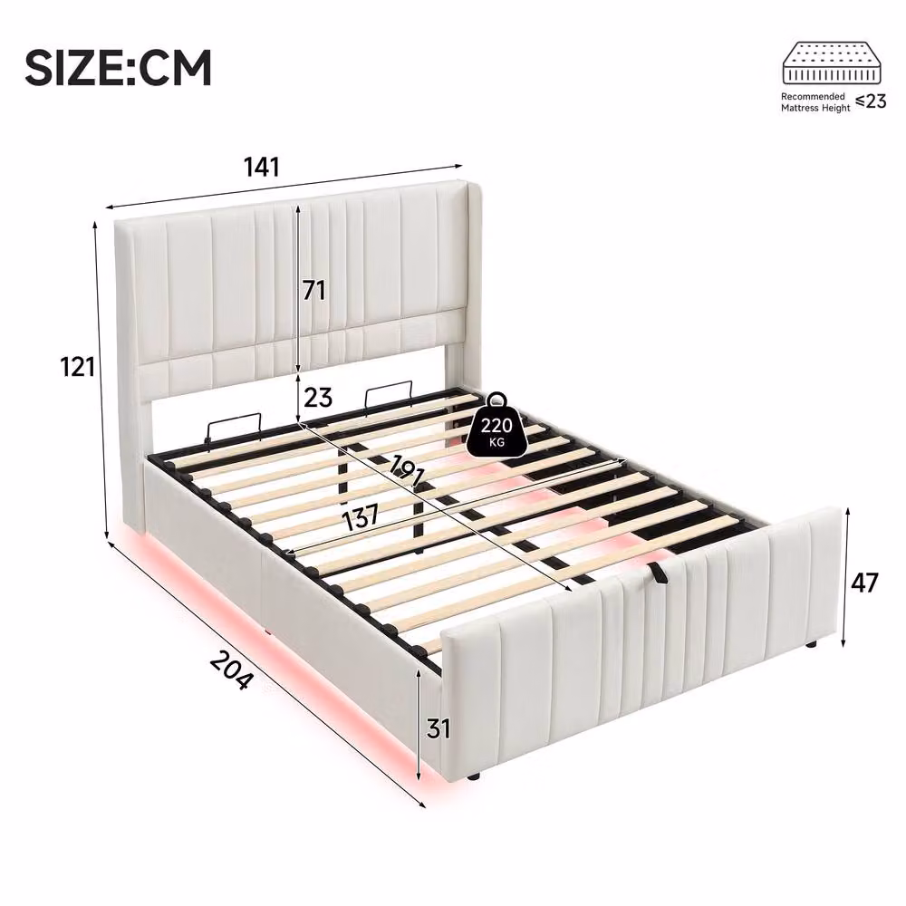 Merax Double Velvet Ottoman Storage Bed with LED Lighting, Beige, W/D/H: 140 x 200 x 121 cm – 2