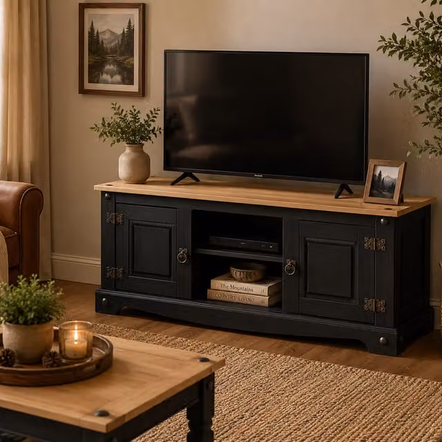 Mews Rustic Pine 2 Door TV Stand in Black, W/D/H: 115 x 40 x 52 cm